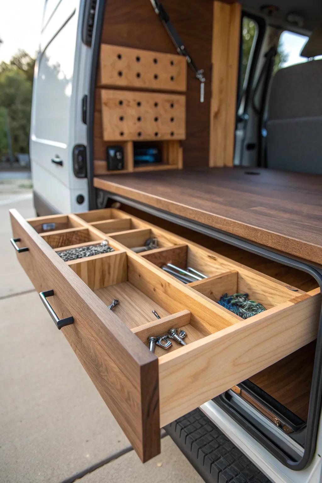 Elevate your work van with slide-out drawers for ultimate organization and accessibility.