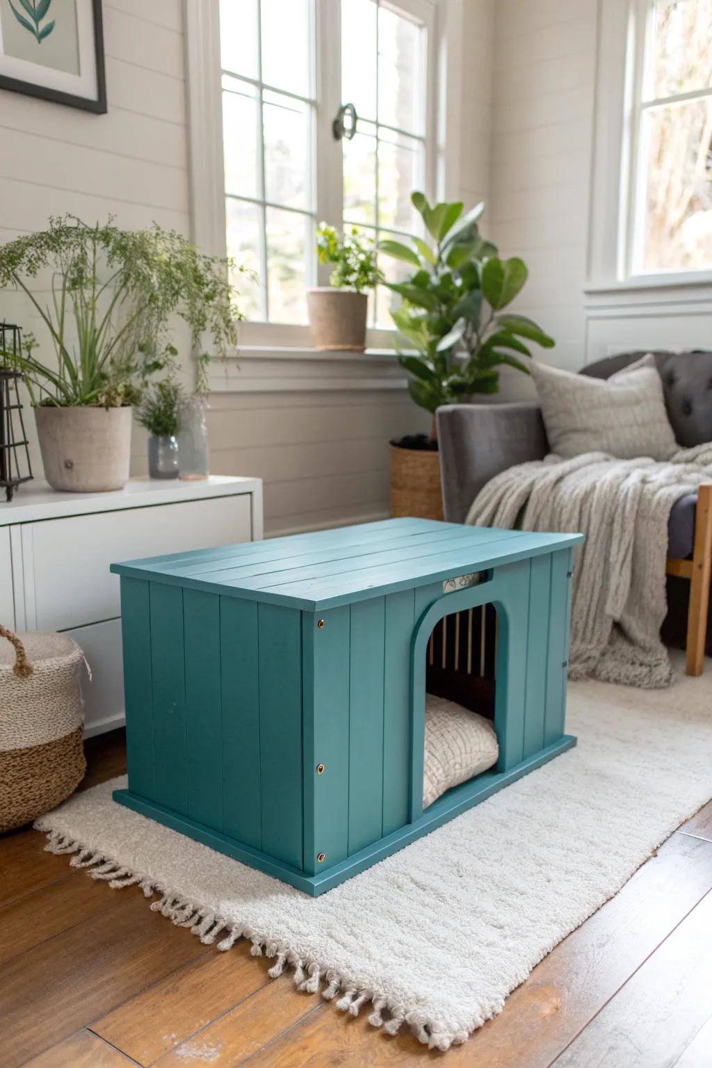 Transform your space with a pop of color: this teal dog box is the perfect blend of style and simplicity.