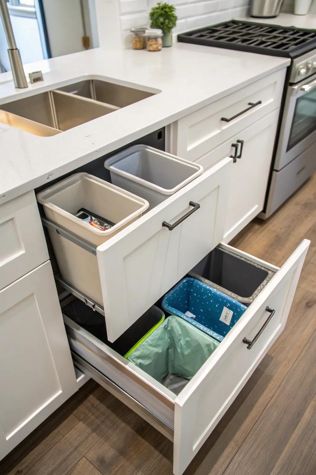 Discreet trash and recycling drawers keep your kitchen tidy