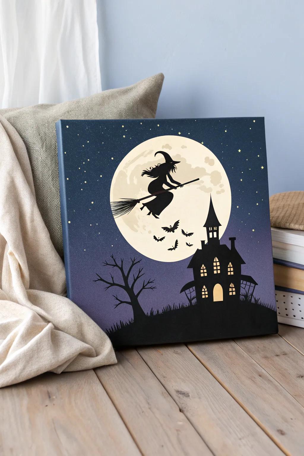 Embrace the mystique of moonlit silhouettes with this bewitching canvas art that blends simplicity and enchantment.