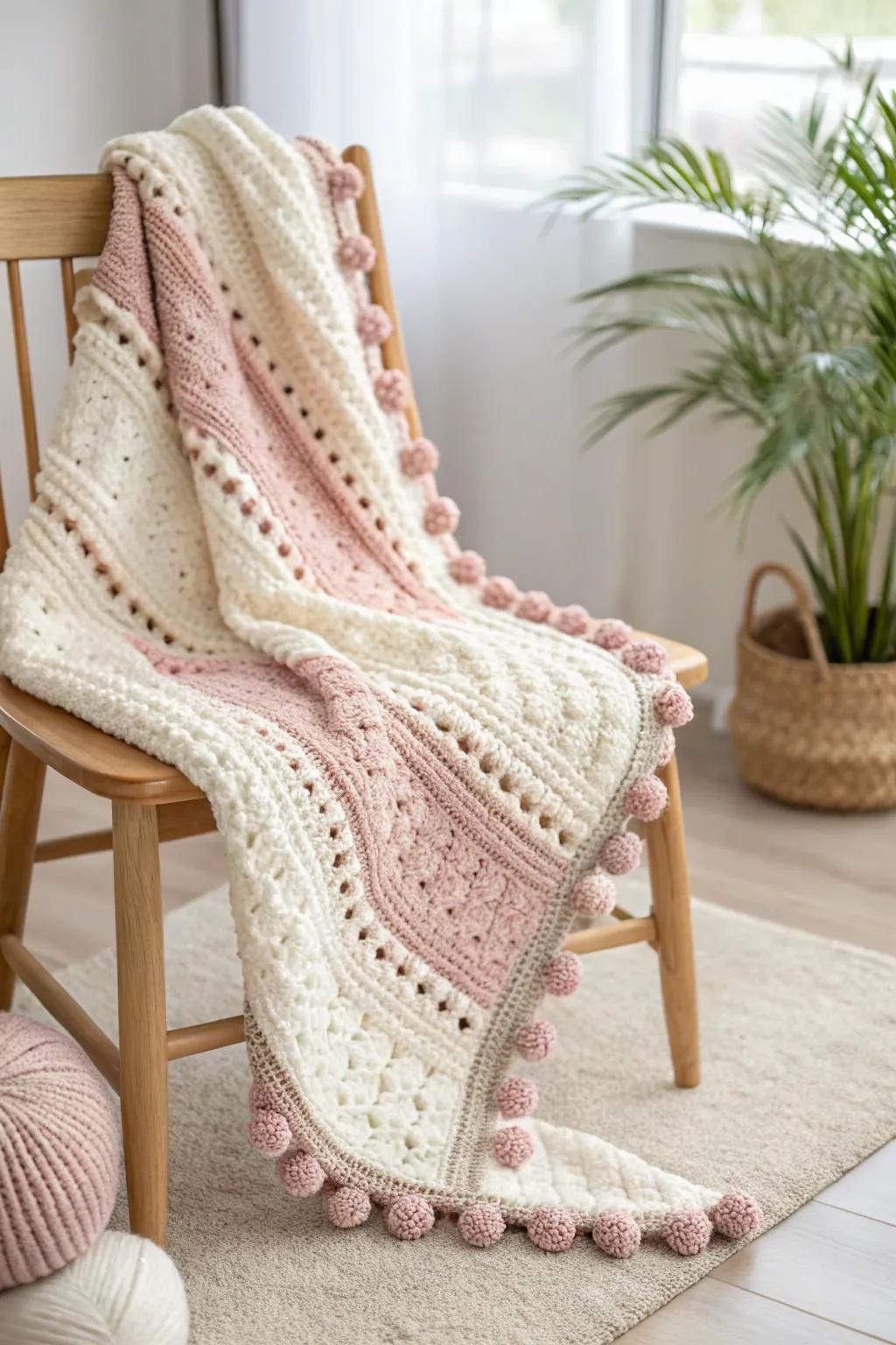Embrace the art of texture with this exquisite crochet blanket, where simplicity meets bohemian charm.
