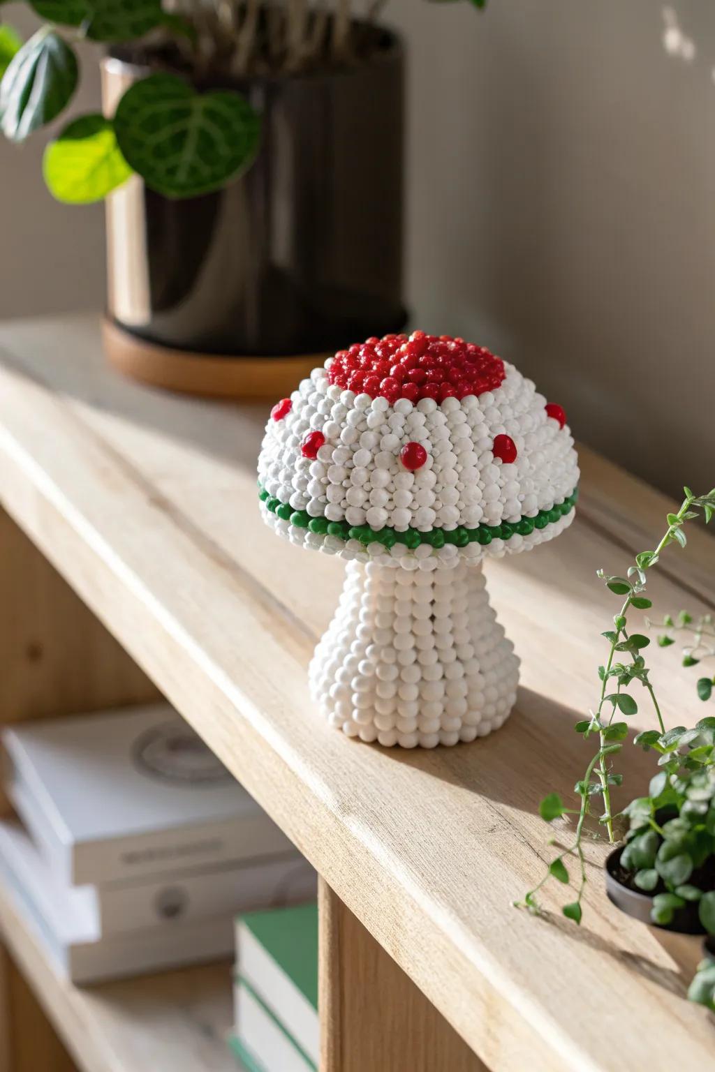 Add a touch of whimsy to your decor with this charming perler bead mushroom, a perfect blend of simplicity and playful elegance.