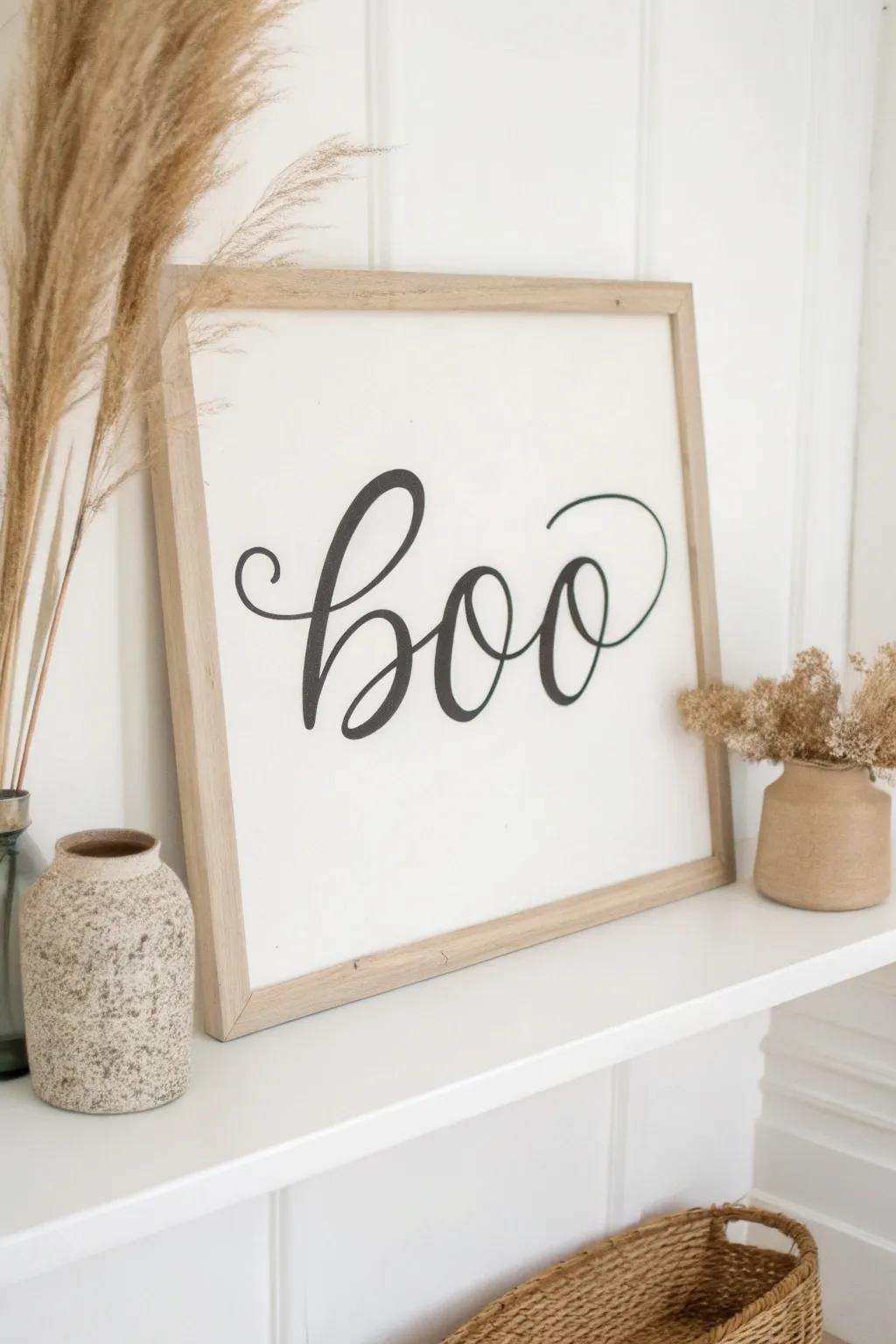 Embrace playful elegance with this minimalist 'Boo' artwork, perfect for adding a chic touch to your Halloween decor.