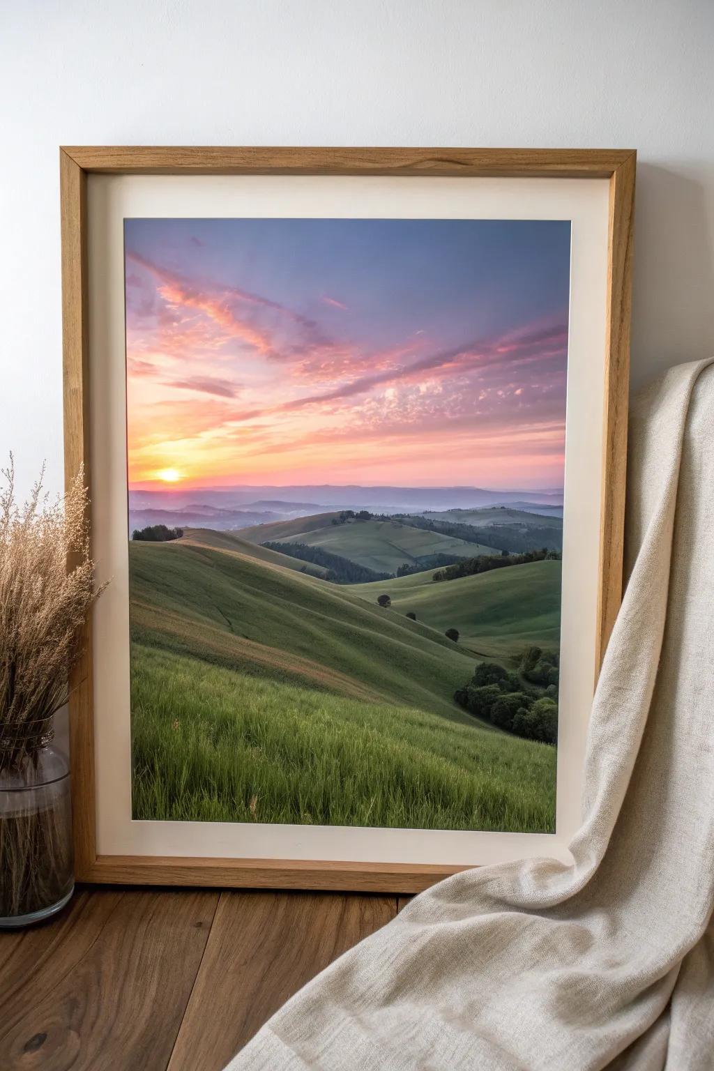 Embrace tranquility with a sunrise over rolling hills, where simplicity and natural beauty meet.