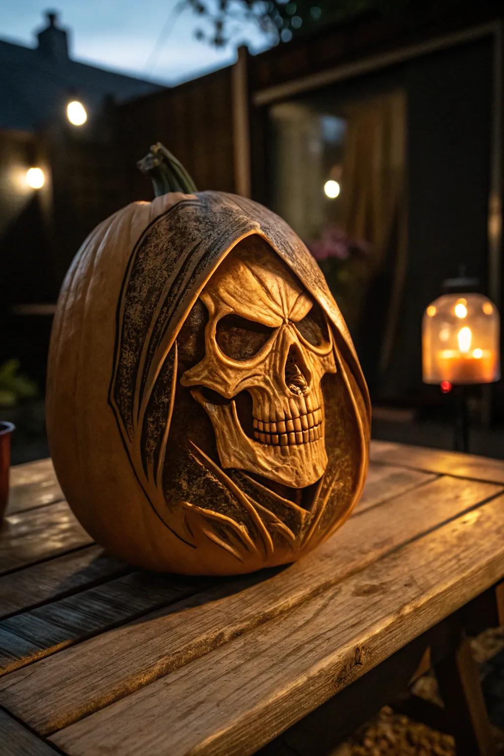 Craft a spooky masterpiece with this hooded skull pumpkin carving, perfect for adding an air of mystery to your Halloween decor.