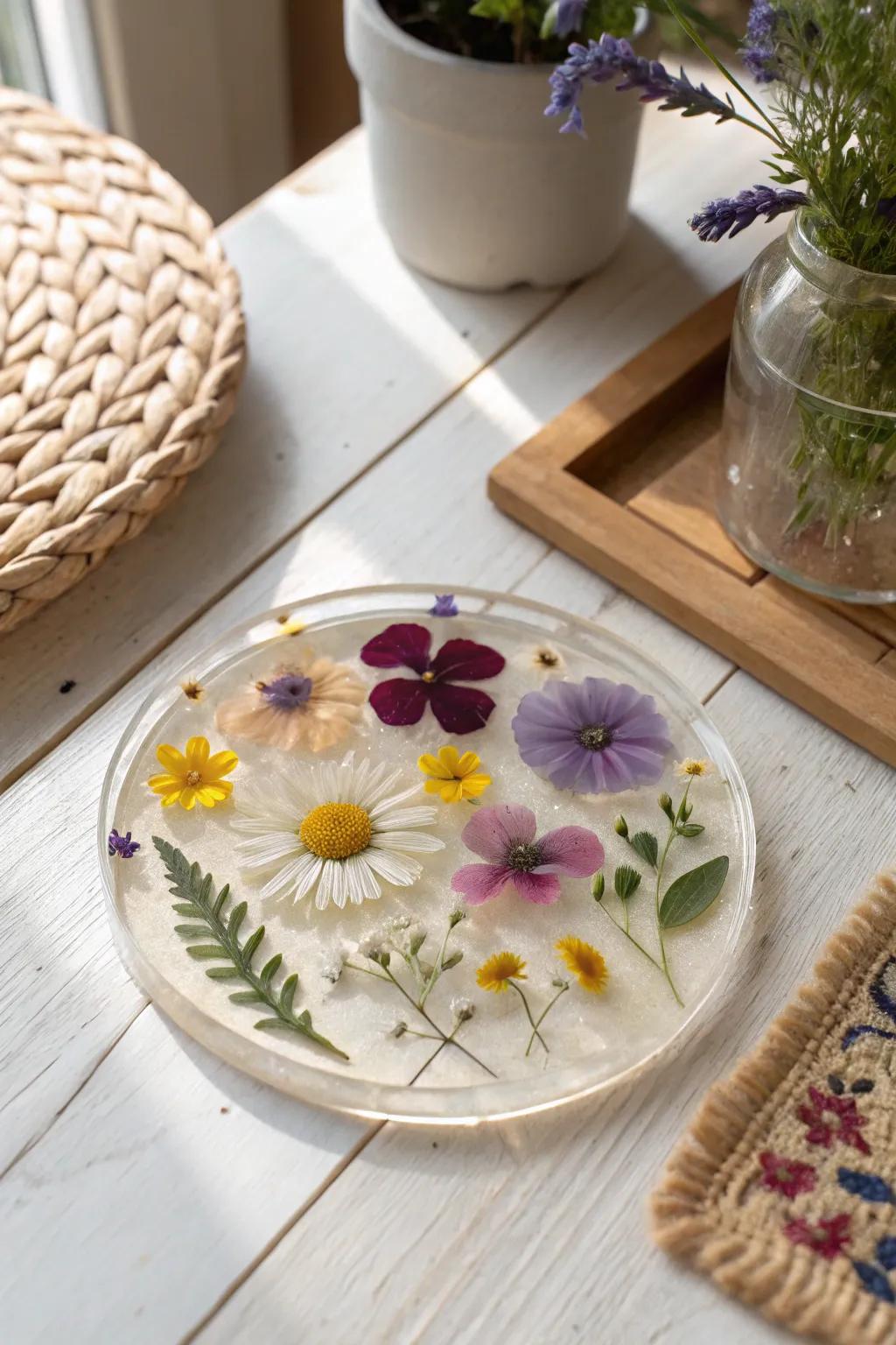 Preserve spring's beauty with elegant pressed flower coasters.