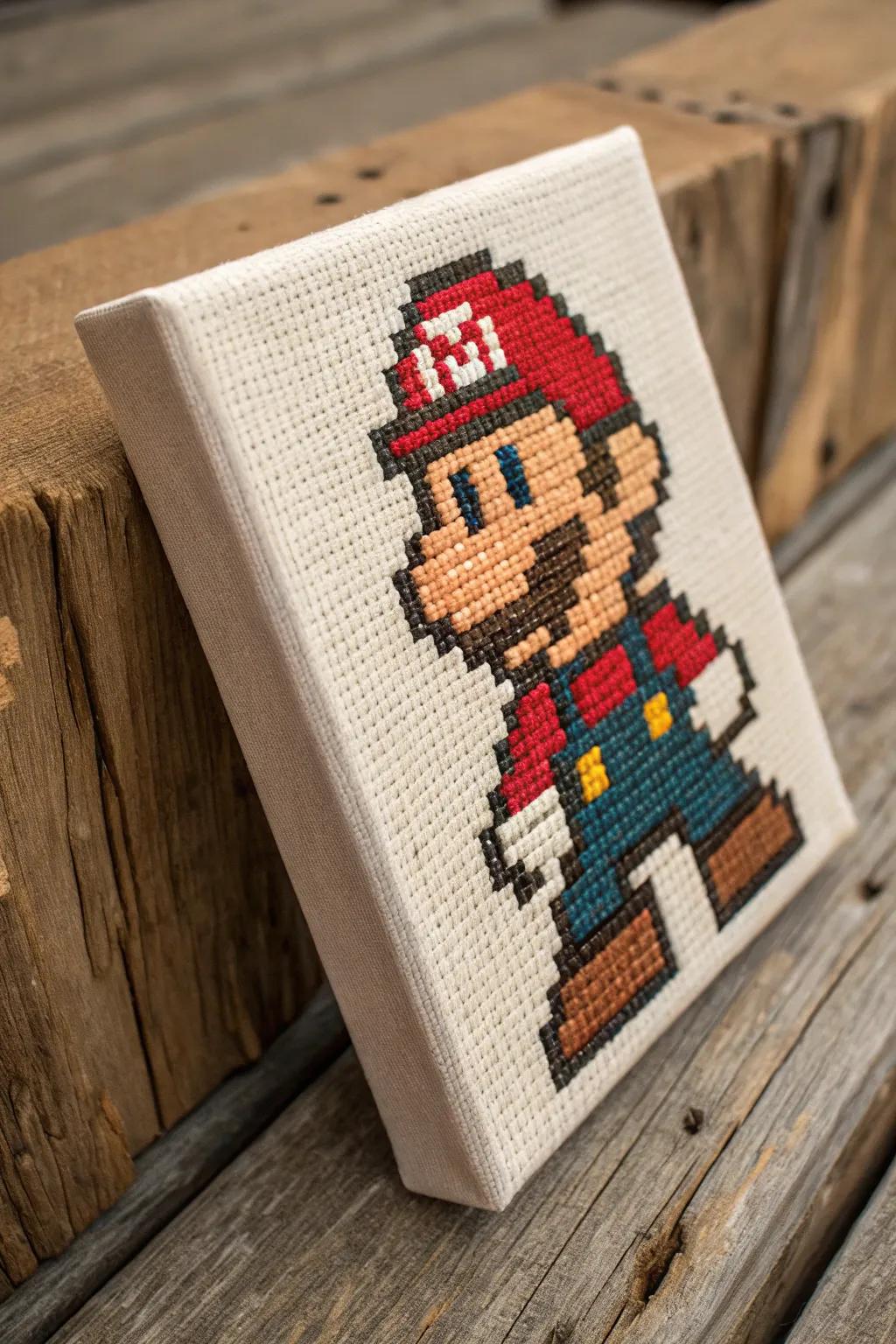 Bring your favorite 8-bit hero to life with pixel art on canvas. A tribute to gaming nostalgia and craftsmanship.
