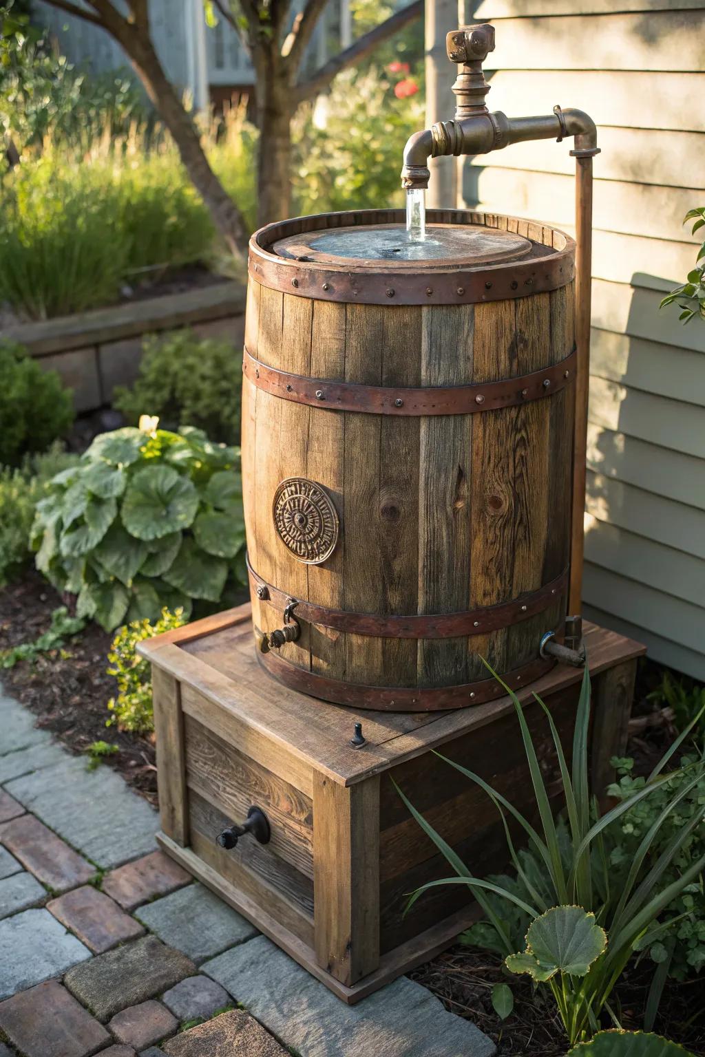 Capture the essence of sustainability and style with this handcrafted rainwater collector that transforms your garden into an eco-friendly oasis.