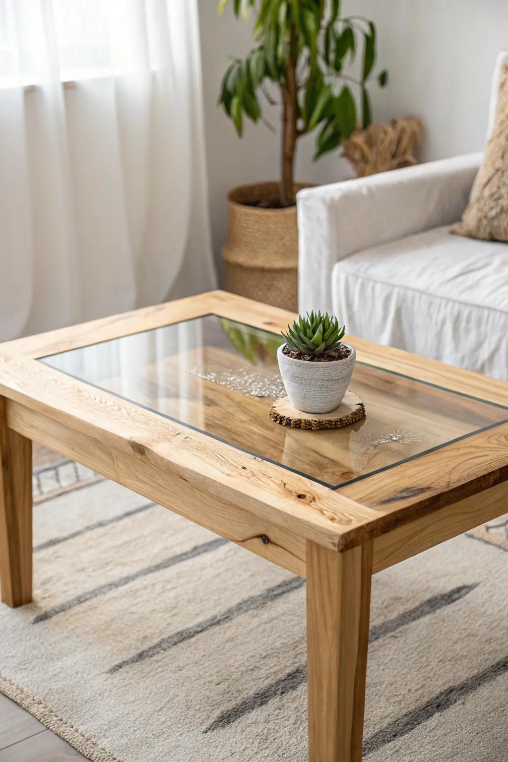 Embrace simplicity and natural beauty with a clear epoxy inlay that honors the wood's unique character. #ScandinavianDesign #BohoChic