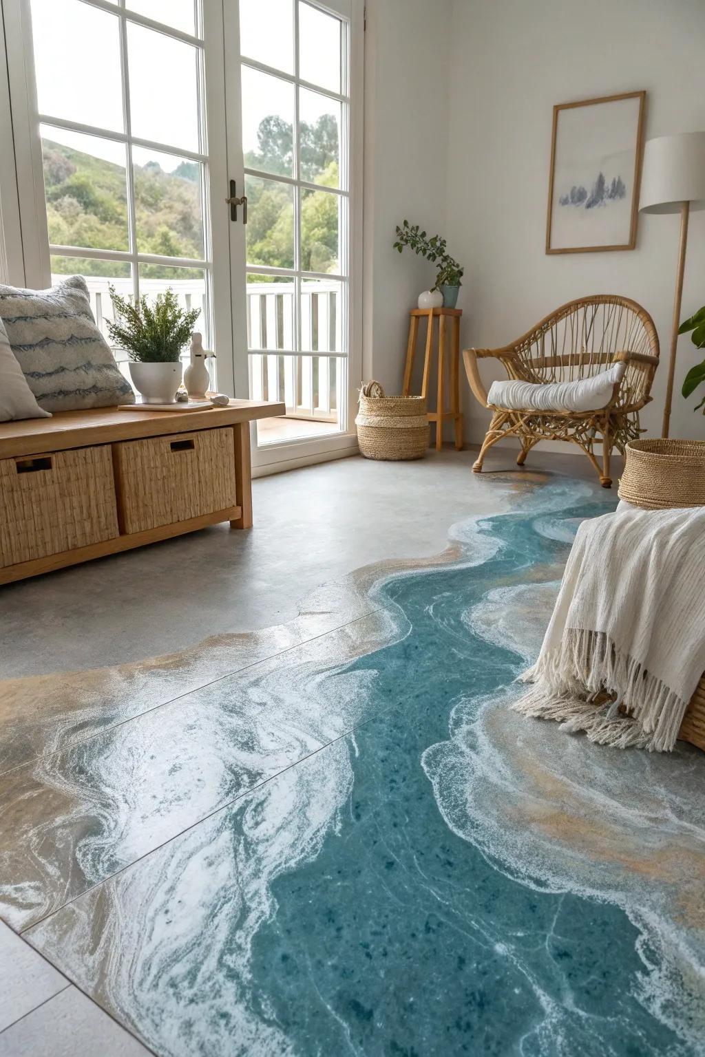 Dive into tranquility with enchanting epoxy floors that transform spaces into oceanic masterpieces.