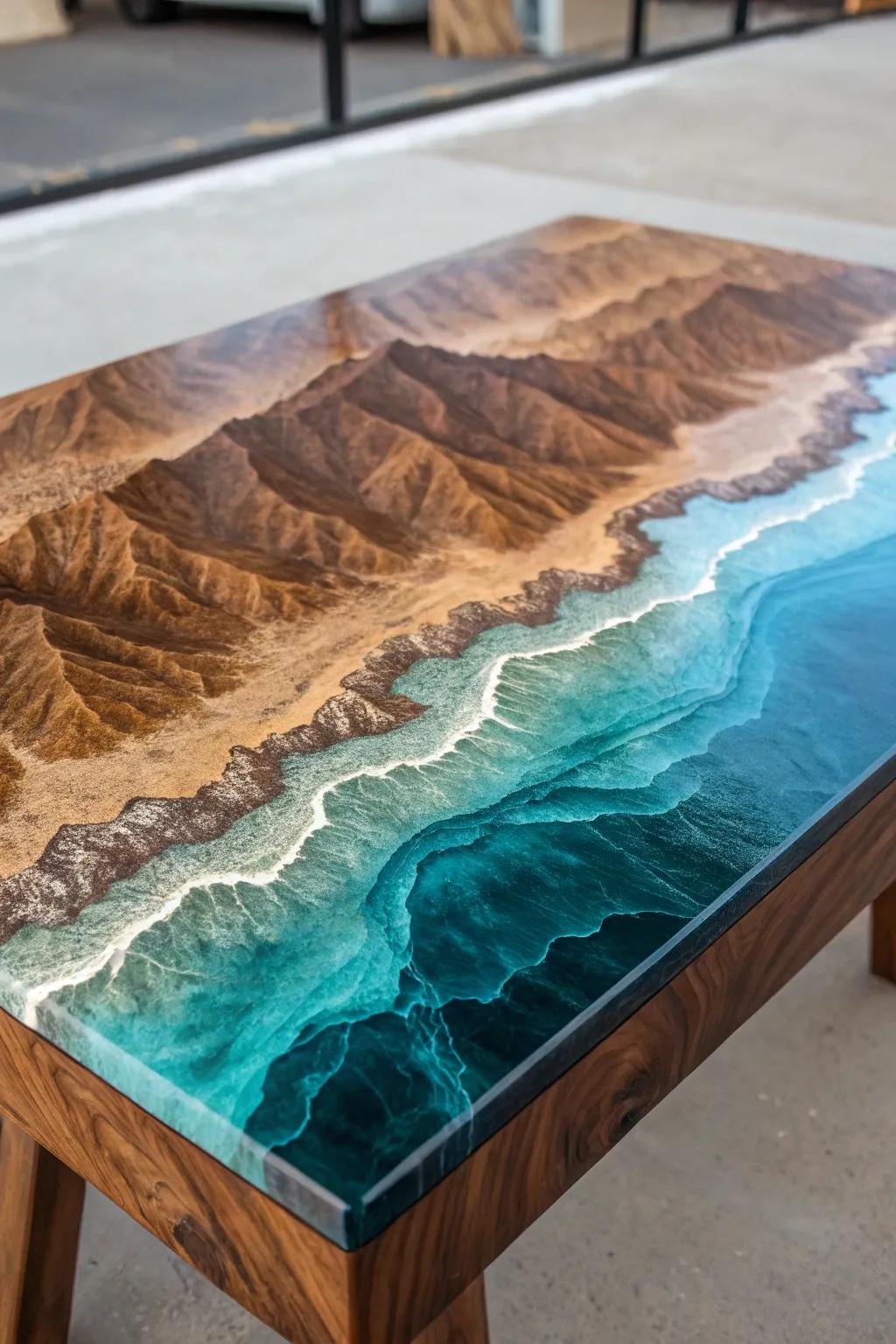 Discover the art of depth with a masterfully crafted epoxy landscape table.