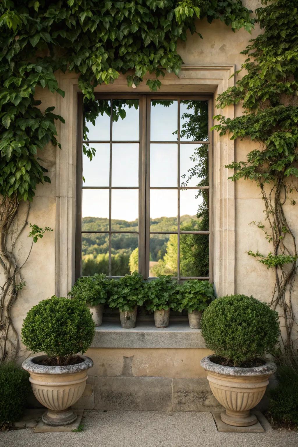 Symmetrical plant arrangements flanking a window
