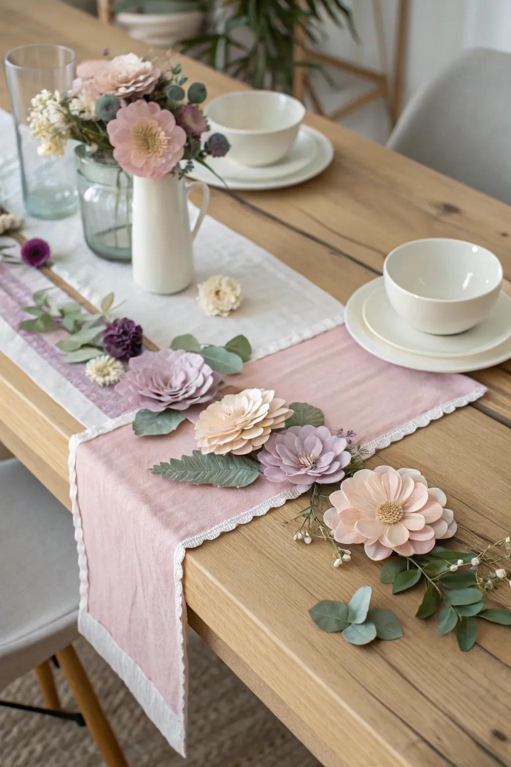 Elevate your dining experience with a handcrafted fabric flower table runner that blends simplicity with natural beauty.