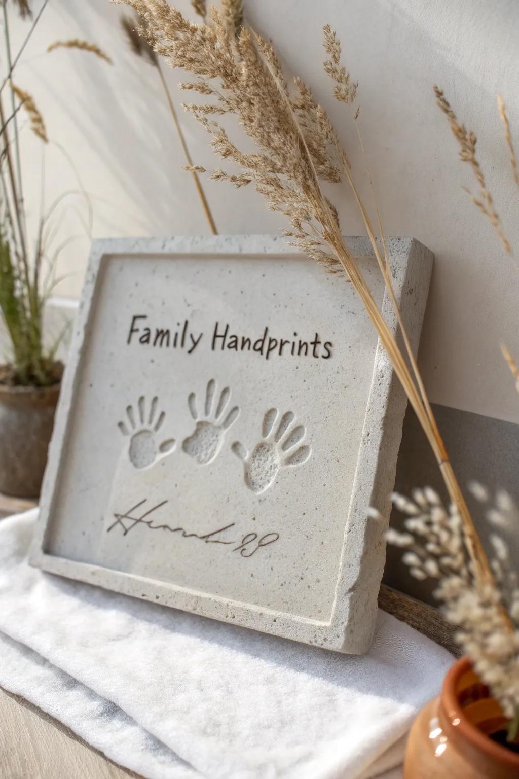 Capture timeless memories with personalized family handprints in concrete – a minimalist keepsake that beautifully blends simplicity and sentimentality.