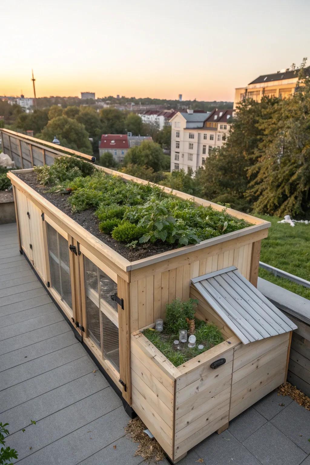 Elevate your coop's style and function with a chic rooftop garden paradise.