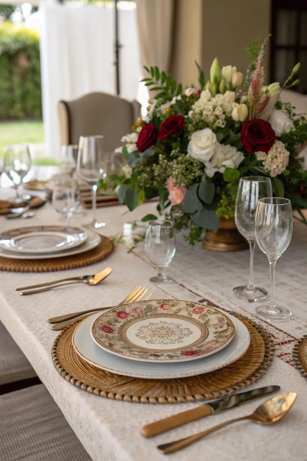 Charger plates add depth and visual interest to the dinner setting.