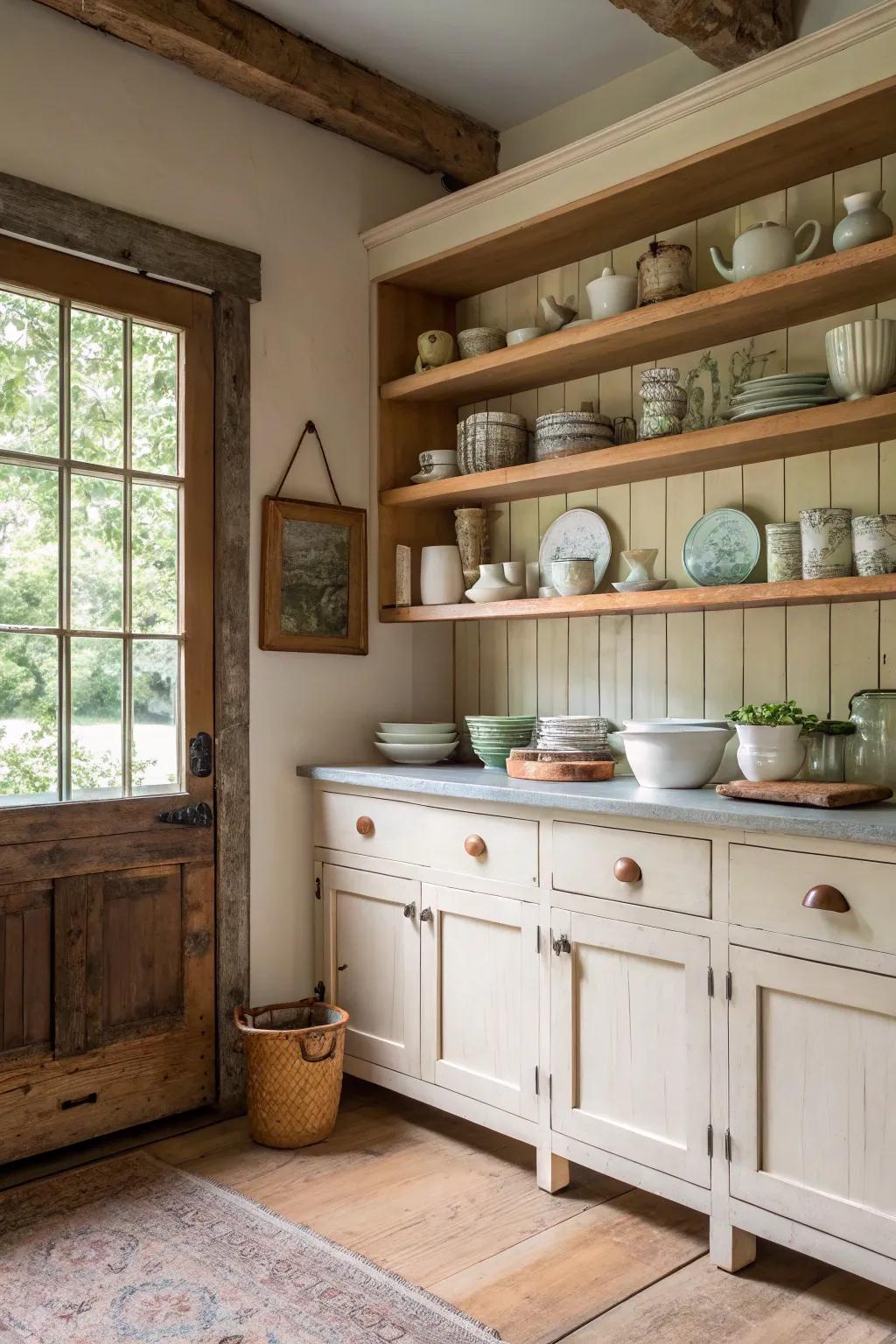 Open shelving highlights your kitchenware while enhancing the farmhouse aesthetic.