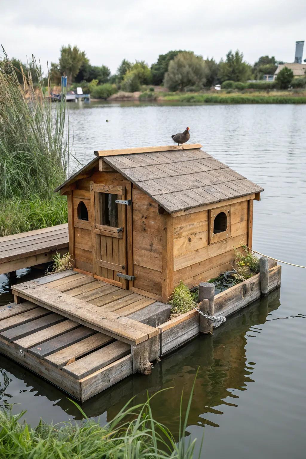 Craftsmanship afloat: A charming floating duck house, ingeniously upcycled from a vintage chicken coop.