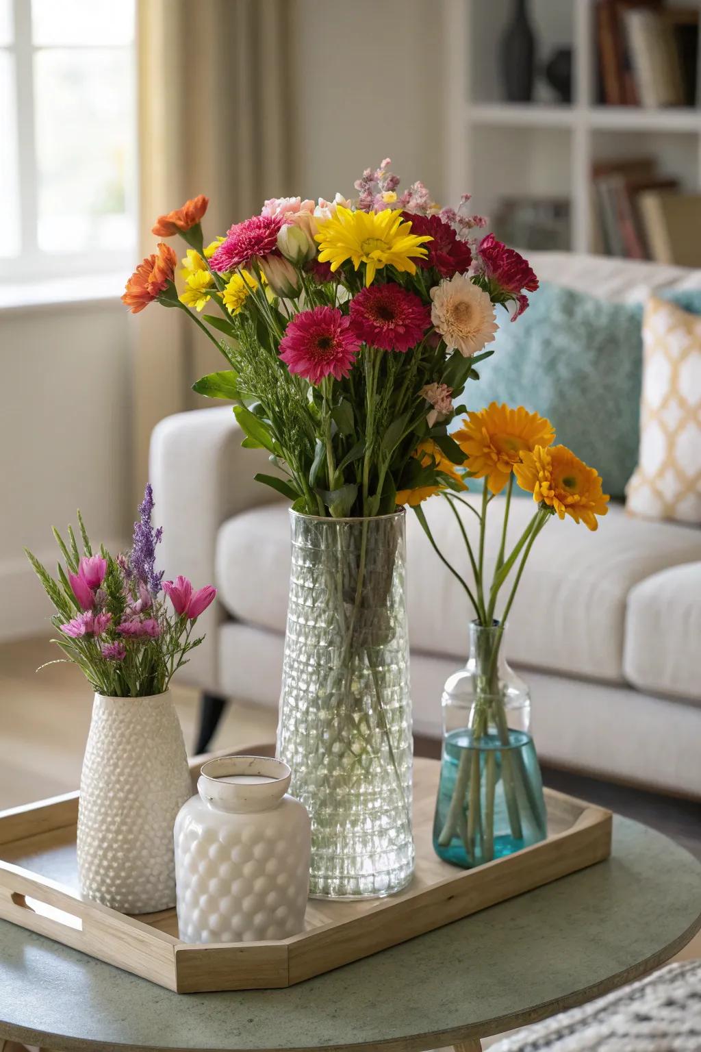 Grouped vases create a dynamic and colorful centerpiece.