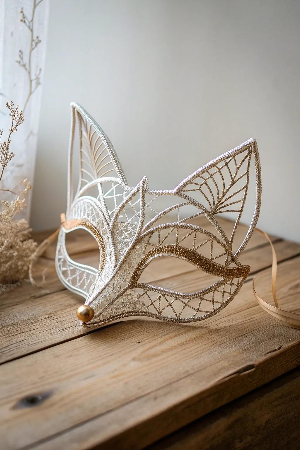 Embrace the mystique of minimalism with this exquisite wire and mesh fox mask, perfect for your next masquerade.
