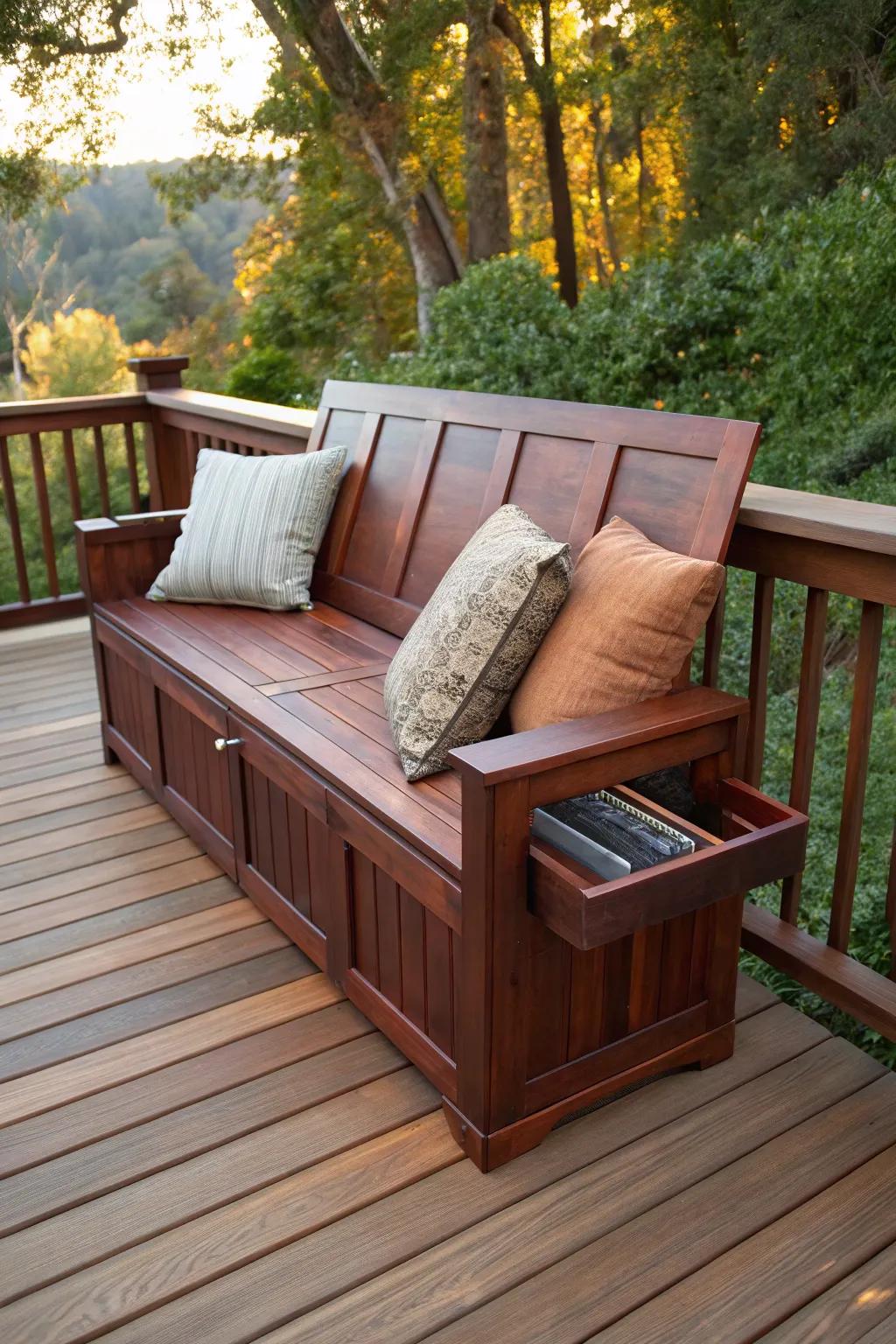 Elevate your outdoor space with a deck that combines style and practicality — discover the elegance of built-in seating with hidden storage.