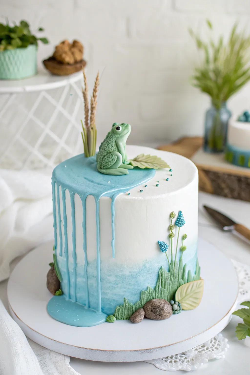 Dive into whimsy with this enchanting frog cake, where simplicity meets magic in a minimalist waterfall design.