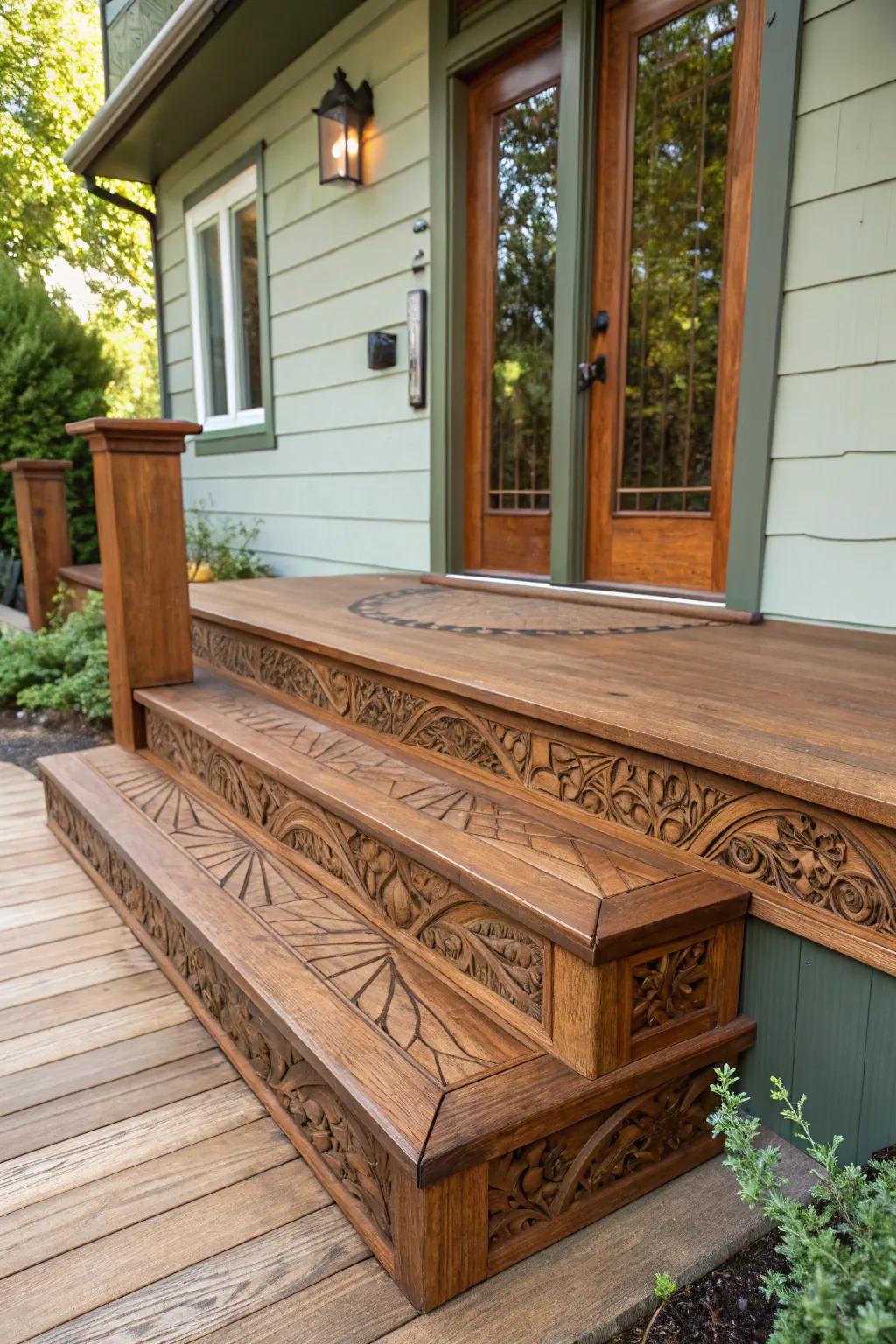 Step into elegance with handcrafted wooden porch steps.