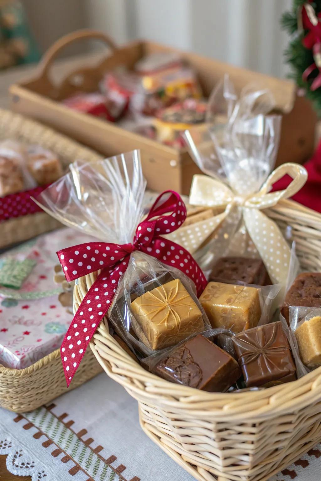 Gift-wrapped fudge pieces ready for giving.