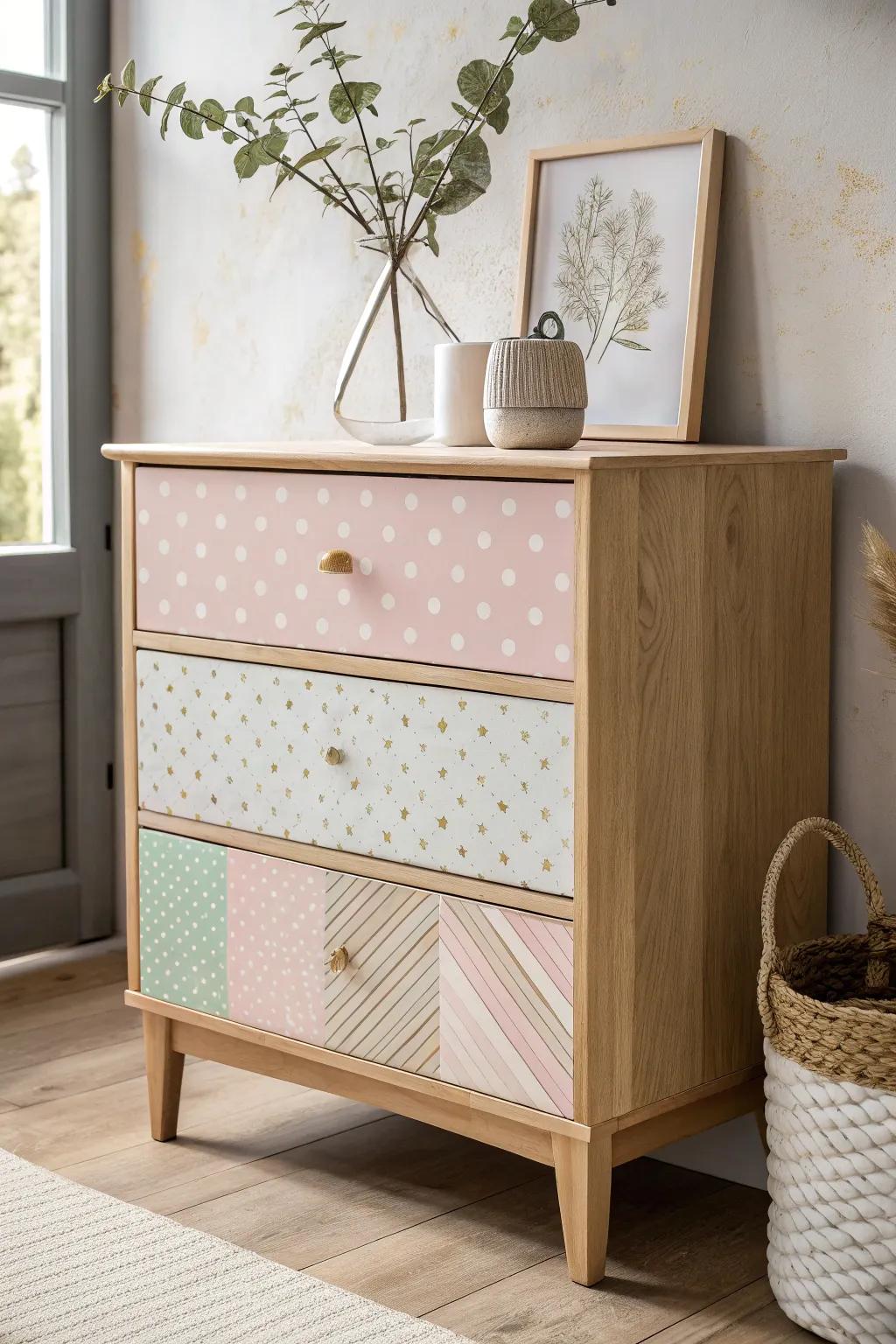 Elevate your decor with this stunning mixed-pattern dresser, where simplicity meets creative flair.