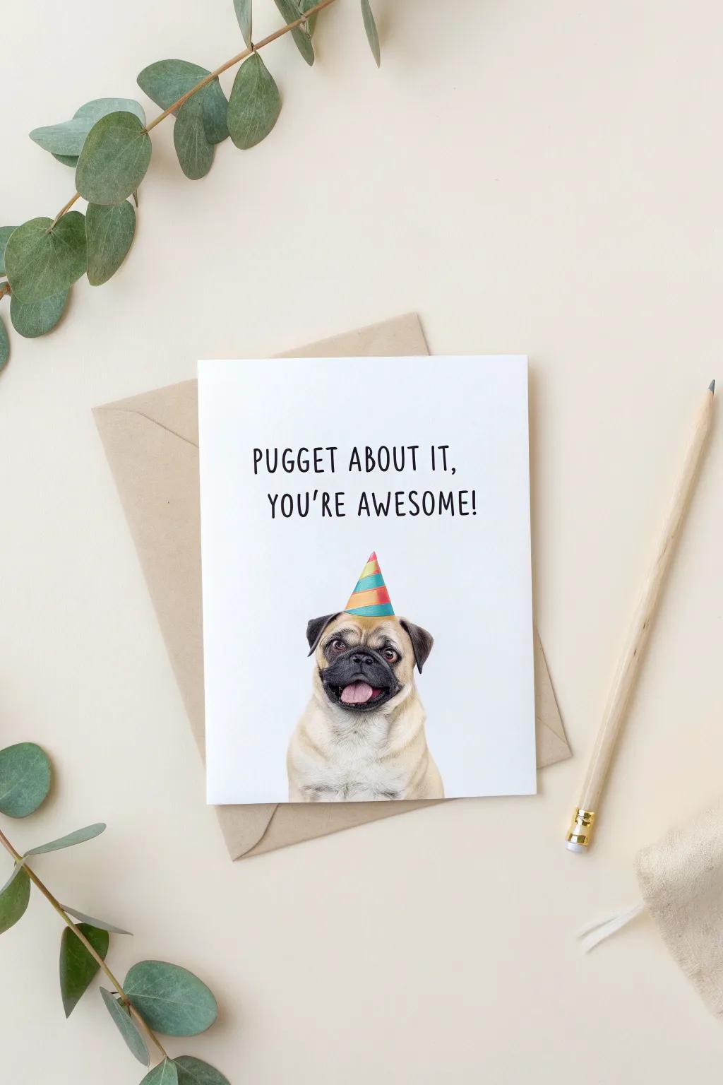 Celebrate with a smile: minimalistic pug card with a playful twist!