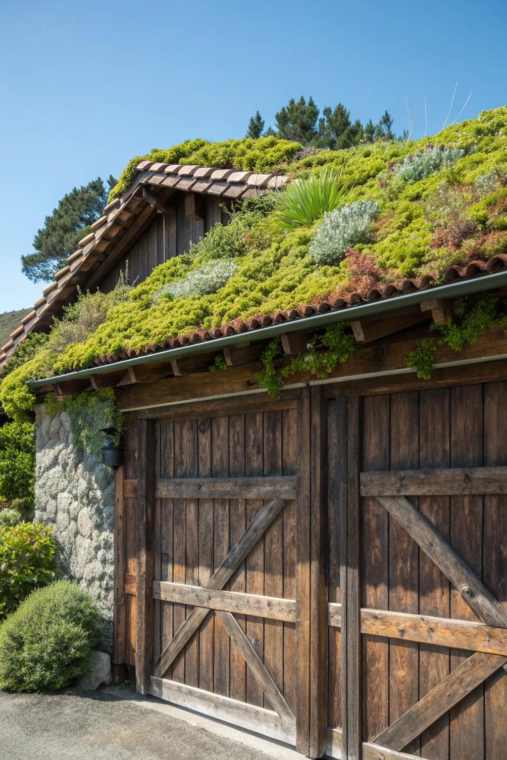 Nature meets craftsmanship: A green eyebrow roof transforms any garage into an eco-friendly masterpiece.