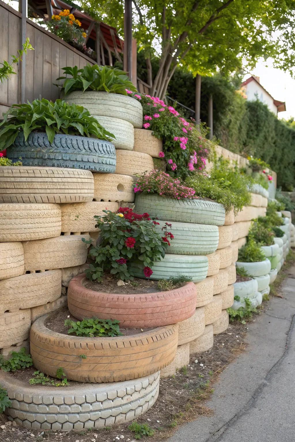 Craftsmanship in Bloom: Elevate your garden with a layered tire retaining wall.