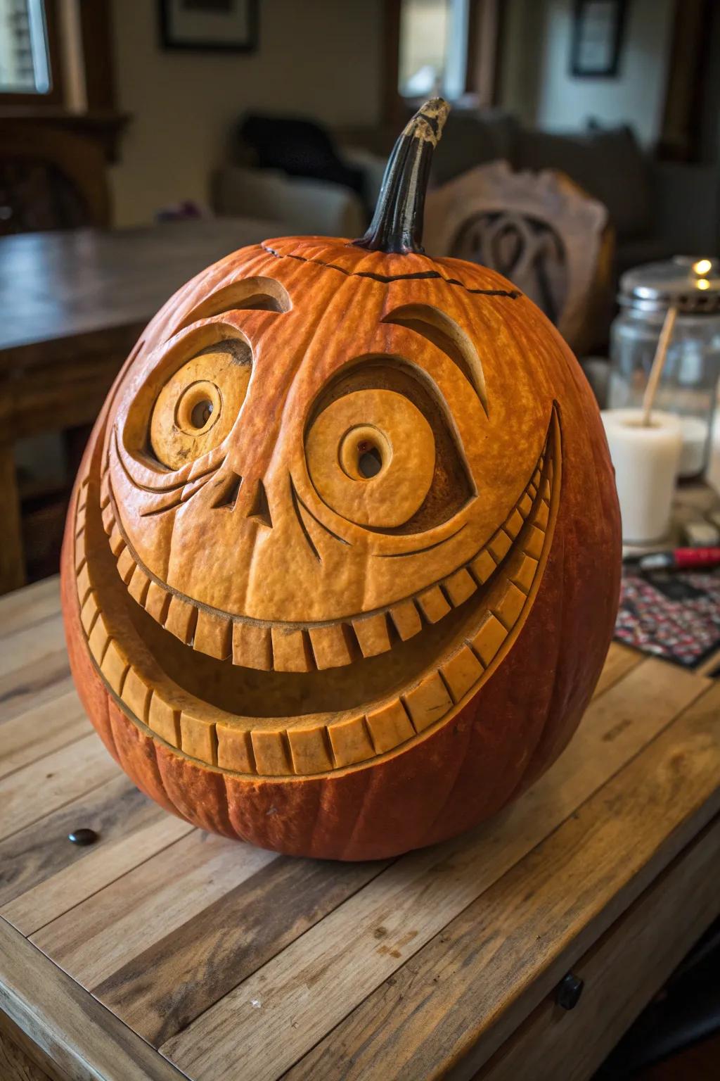 Bring joy to your autumn decor with a masterfully carved laughing jack-o'-lantern!