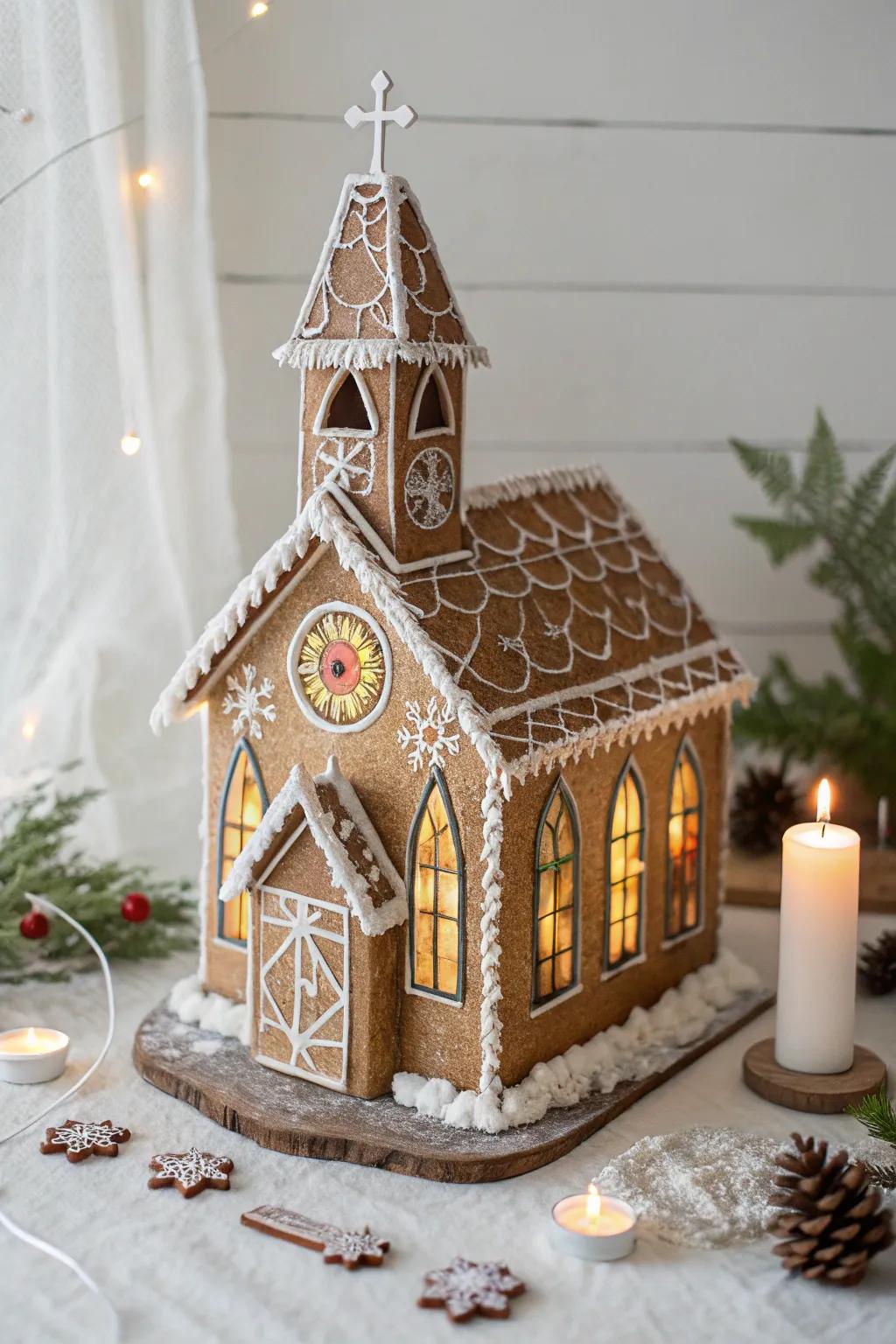 Embrace the art of simplicity with a gingerbread church that glows with natural beauty.