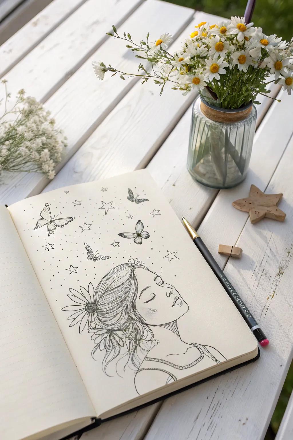 Find inspiration in nature and fantasy; let your sketches bloom with whimsical touches. ✨🦋 #ArtInspiration #MinimalistArt