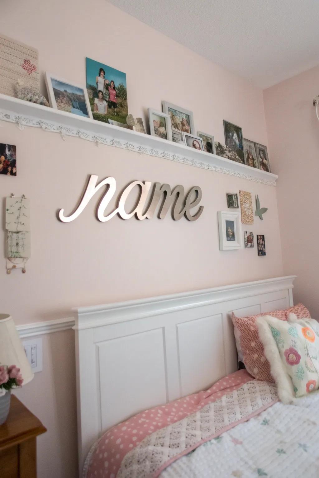 Custom name signs add a personal touch to the room.