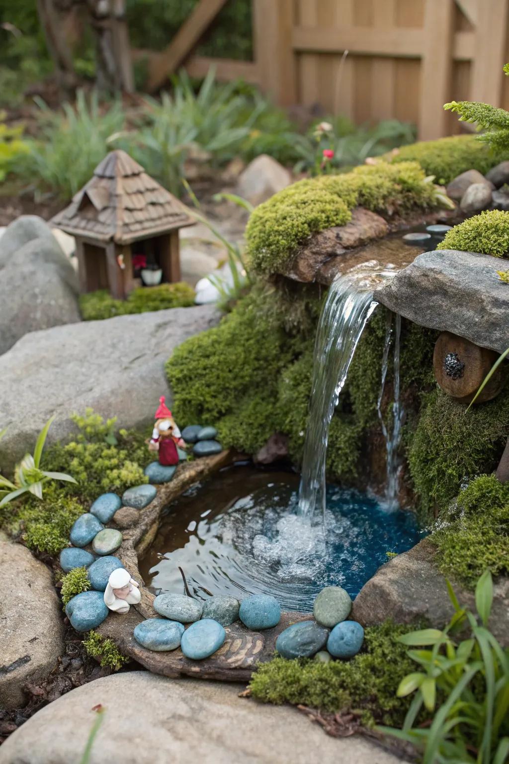 Embrace tranquility with a handcrafted gnome village waterfall, where simplicity meets natural elegance.
