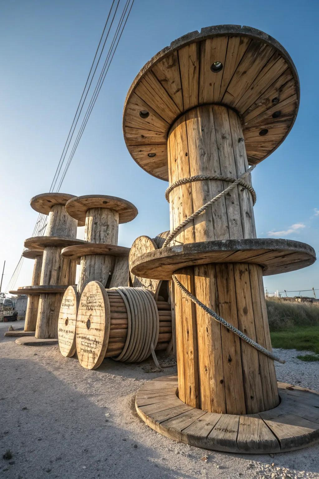 Repurpose with style: Transform cable spools into a rugged climbing tower.