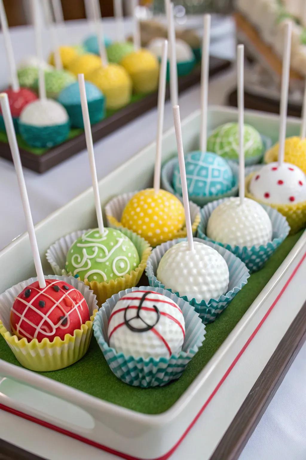 Golf ball cake pops offer a fun and tasty touch to the dessert table.