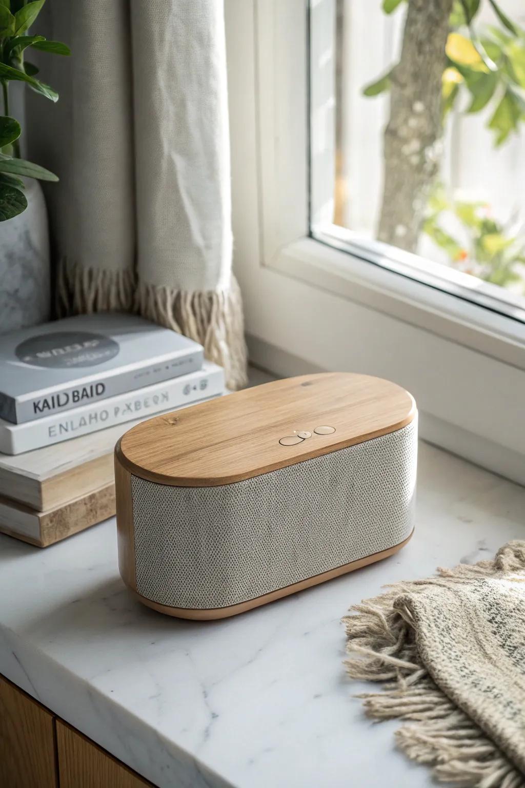 Tune into tranquility with this stylish portable Bluetooth speaker, perfect for every music lover's minimalist haven.