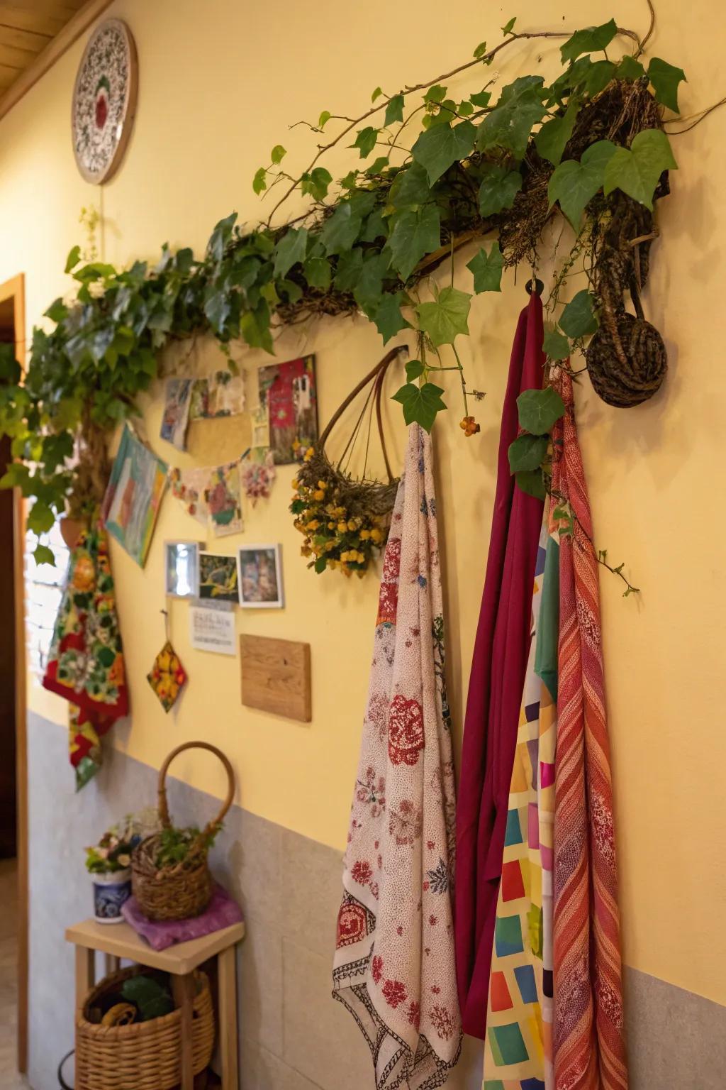 An artistic grapevine swag creates an eclectic wall feature.