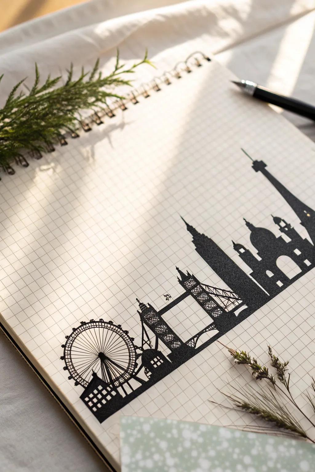 Capture the beauty of urban life with minimalist cityscape silhouettes on graph paper. Perfect for those who appreciate simple elegance and craftsmanship.