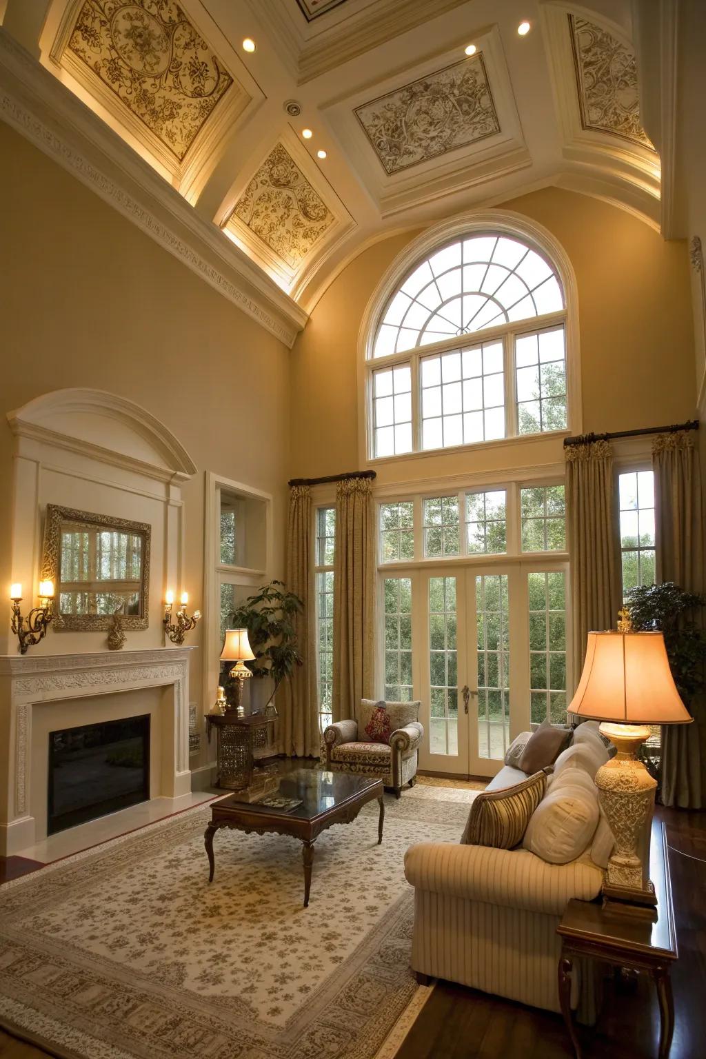 Transom windows add elegance and height to this sophisticated living room.