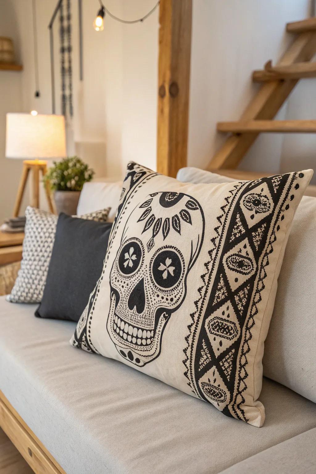 Elevate your Halloween decor with a touch of elegance: Skull motif pillow blending bold design with serene simplicity.