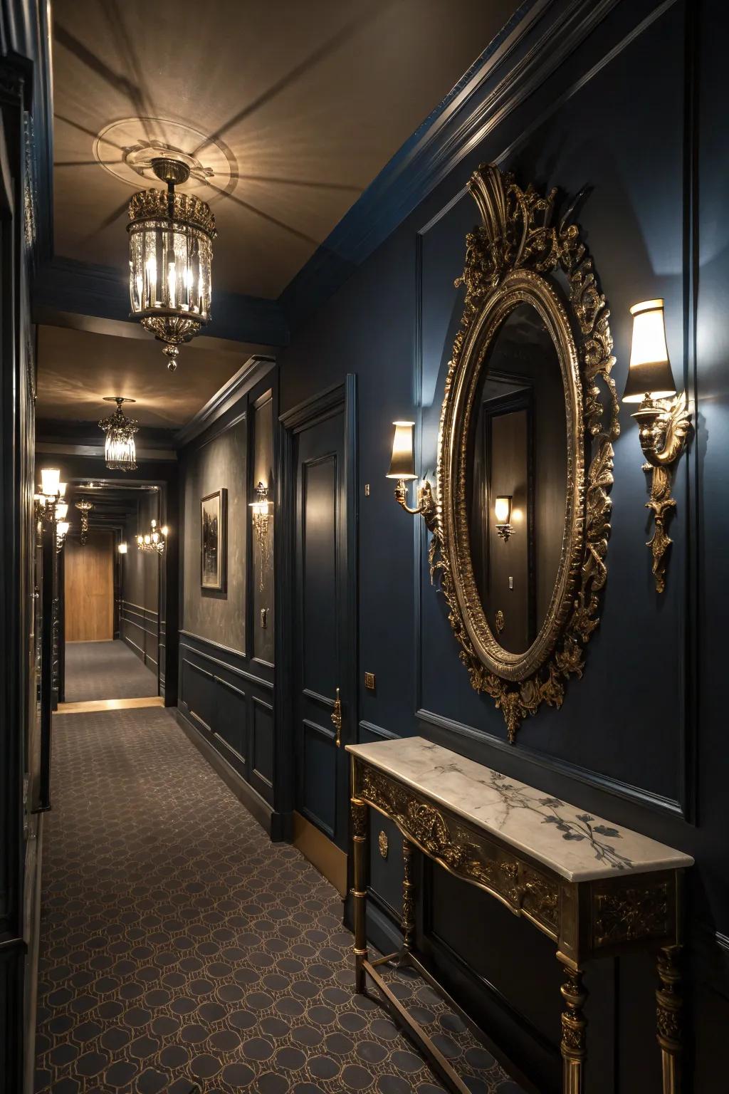Dark shades can add a sense of drama and sophistication to hallways.