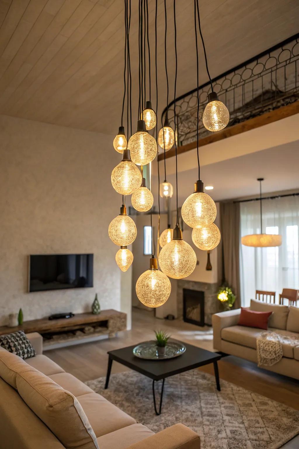 Clustered pendants add depth and visual interest.