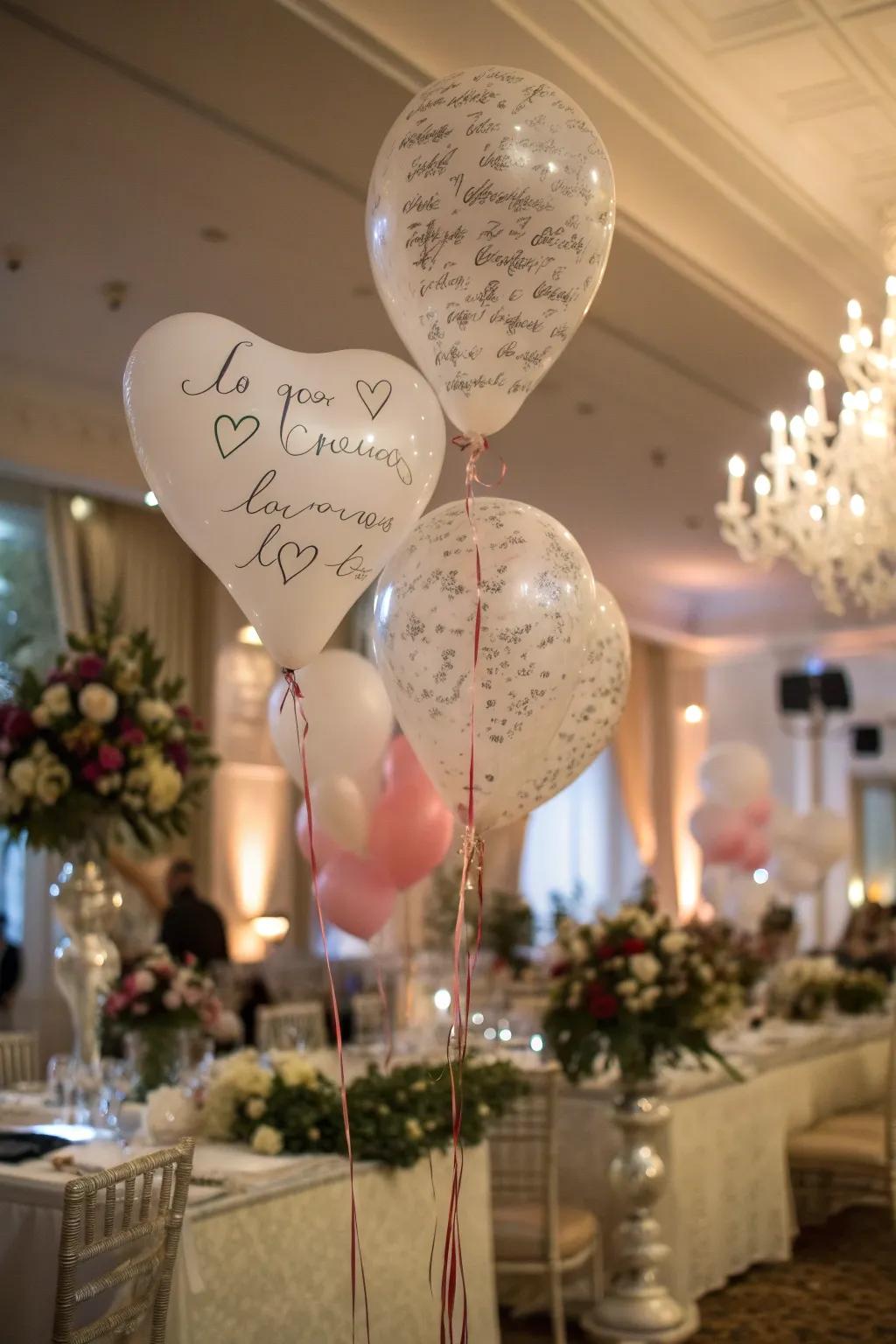 Personalized heart balloons with sweet messages.