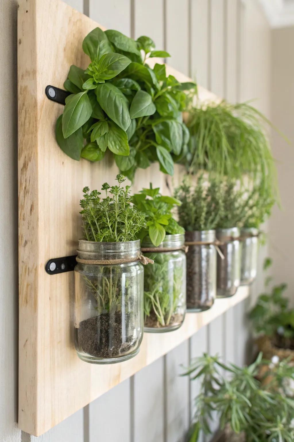 Embrace simplicity and style with a wall-mounted mason jar herb garden—perfect for bringing a touch of nature indoors.