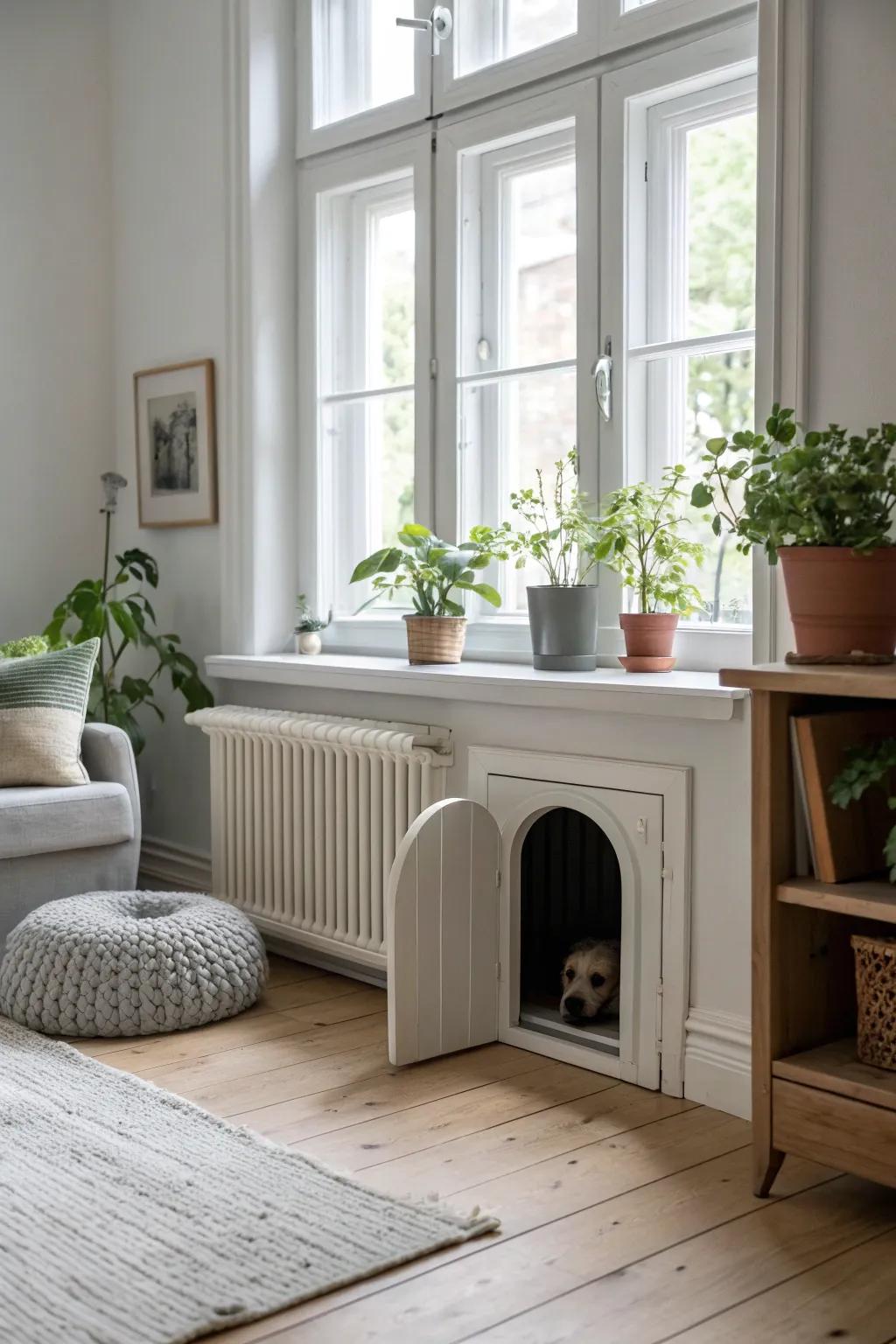 Discover the charm of a hidden dog door under the windowsill—where style meets functionality for your small furry friend.