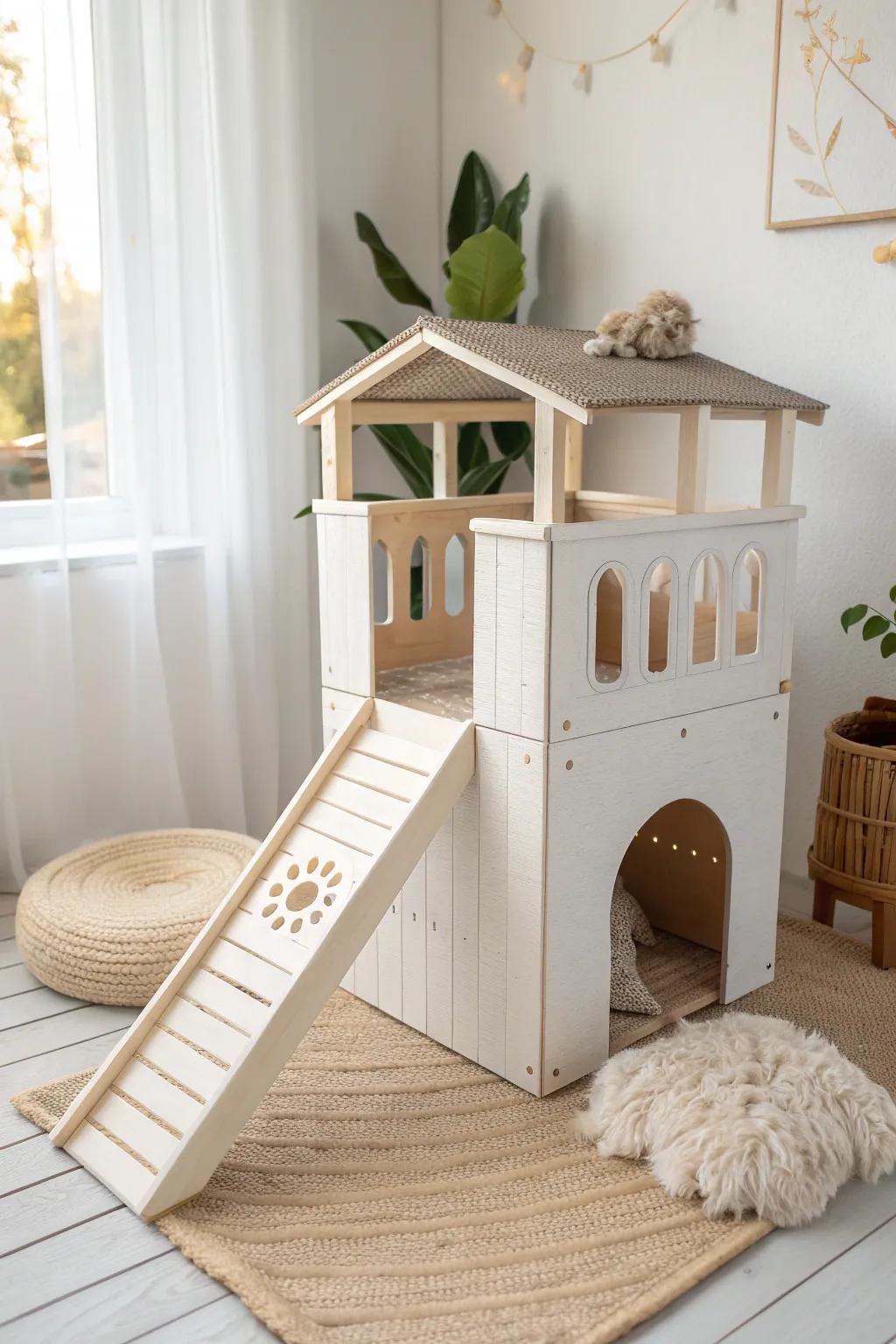 Elevate your feline’s playtime with this chic cardboard cat house, where simplicity meets playful sophistication.